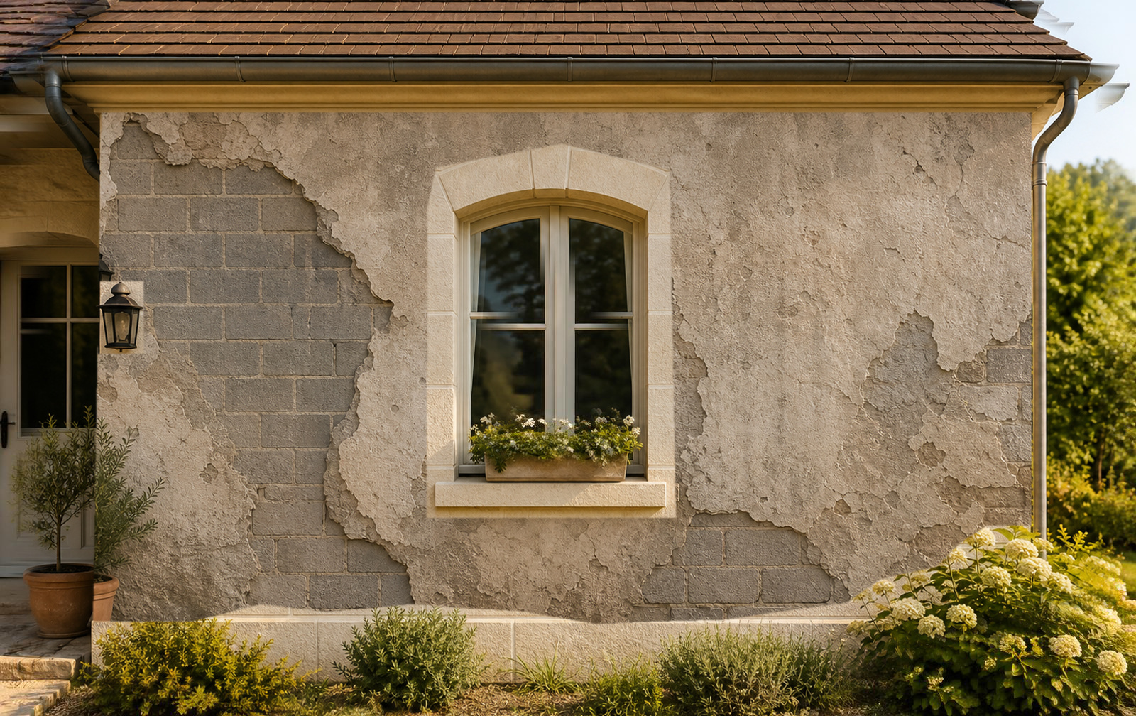 Mur brut en parpaing et crépi ancien défraîchi